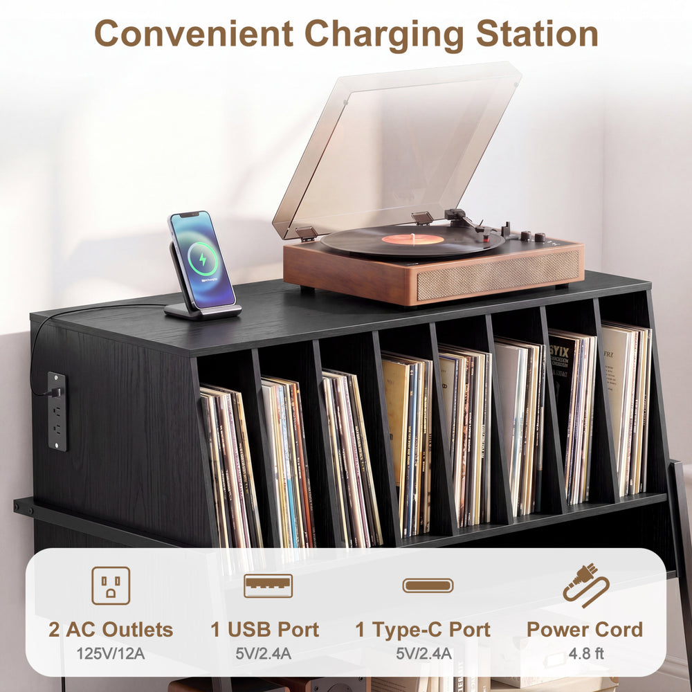 Record player stand with vinyl storage, featuring a charging station and wheels for easy mobility in rustic brown/black.