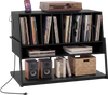 Turntable stand in black with vinyl storage, charging station, and open compartments for 216 albums and accessories.
