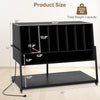 Turntable stand with charging station, featuring 8 vinyl storage compartments and a sturdy black metal frame.