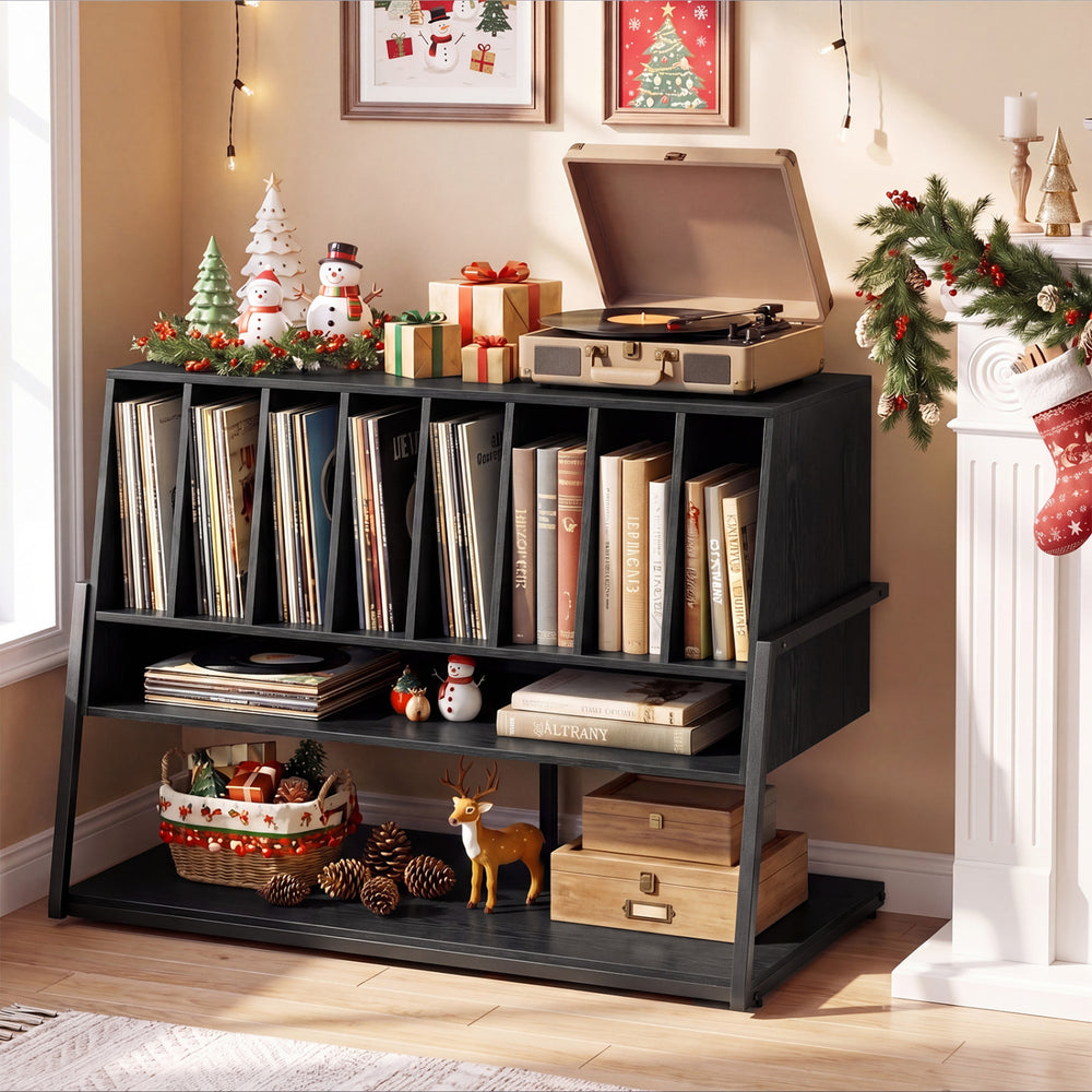 Turntable stand in black with vinyl storage shelves, accommodating 216 albums, featuring a charging station and wheels.