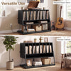 Turntable stand in black with vinyl storage shelves, featuring 8 compartments and a charging station for versatile use.