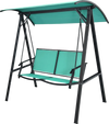 Two-person patio swing featuring a spacious green seat and adjustable canopy, ideal for comfortable outdoor lounging.