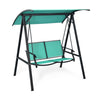 Two-person patio swing with a green weather-resistant canopy, perfect for outdoor relaxation on the deck or garden.