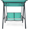 Two-person patio swing with adjustable green canopy and sturdy steel frame, perfect for outdoor relaxation.