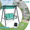 Two-person patio swing chair with adjustable green canopy, sturdy steel frame, perfect for outdoor relaxation.