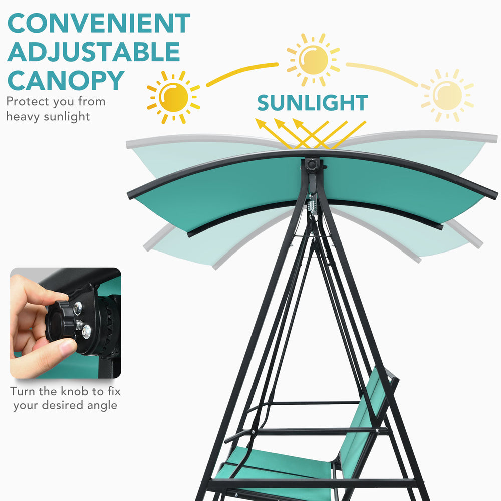 2 Person patio swing with adjustable green canopy and sturdy steel frame, perfect for outdoor relaxation and sun.