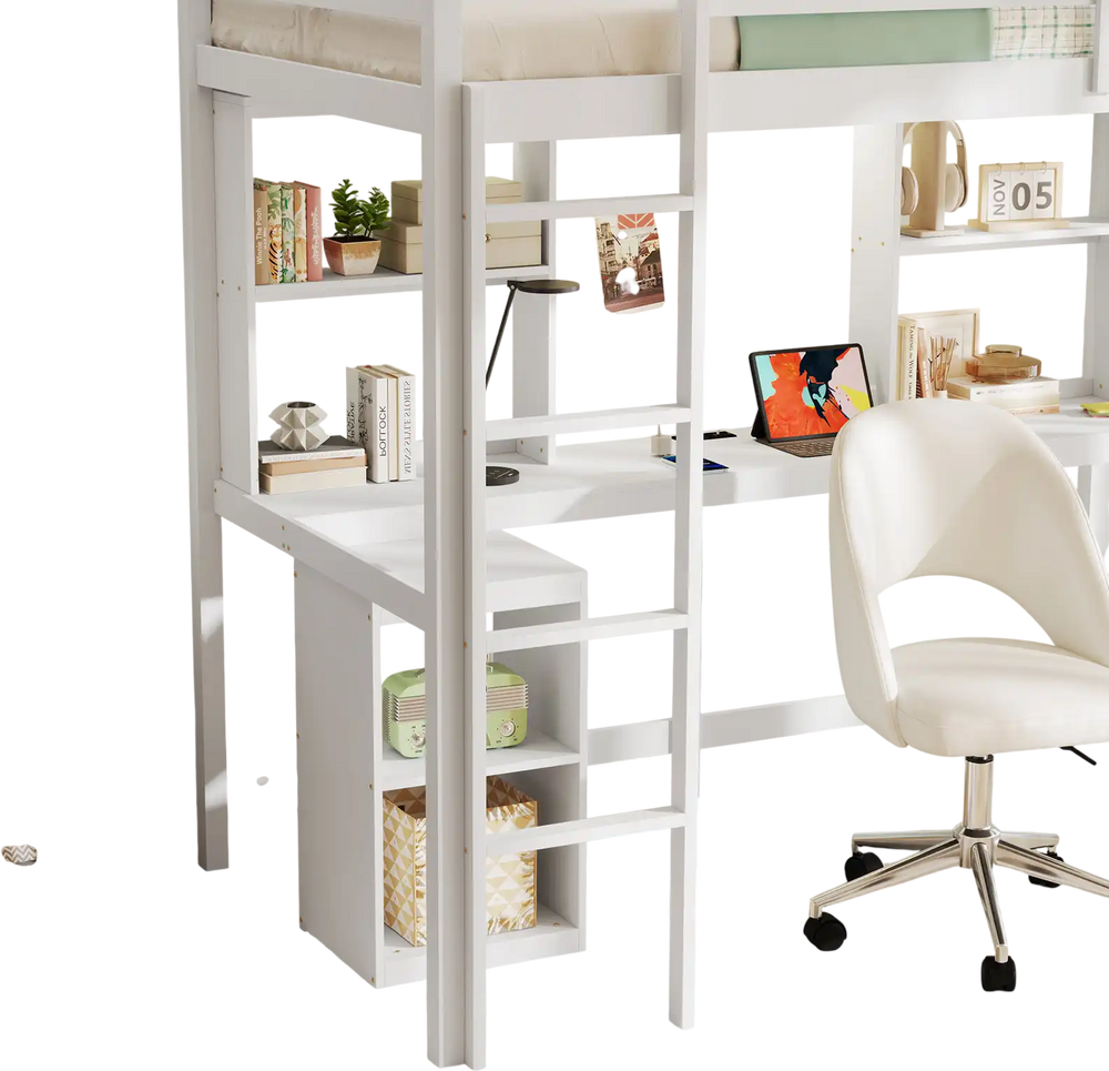 Twin loft bed in white with integrated desk, LED light, and storage, ideal for organized bedroom spaces.
