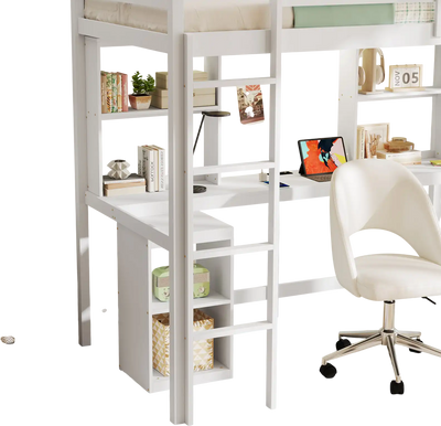 Costway Twin Loft Bed LED Light Desk White 831426579 New