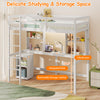 Twin loft bed in white with integrated desk, LED light, and storage options for organized studying and sleeping space.