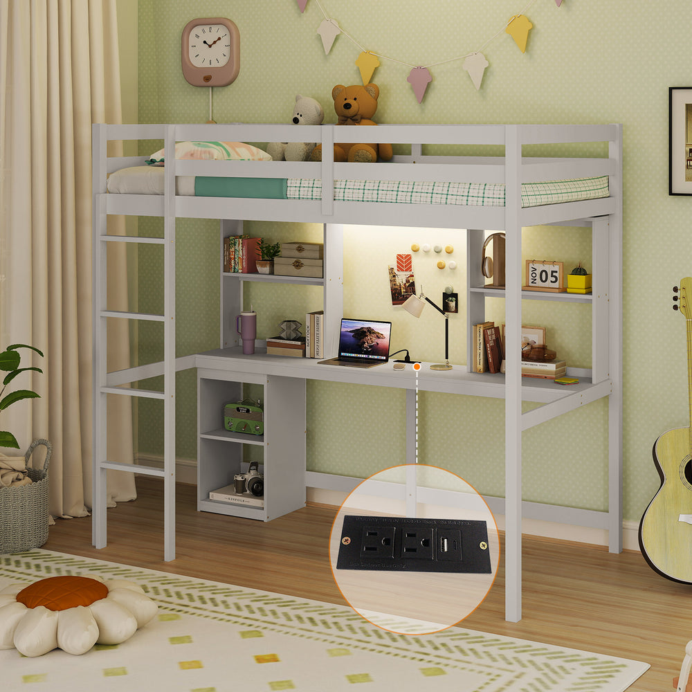 Twin loft bed in white with integrated desk, LED light, and power strip, perfect for organized bedroom spaces.