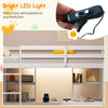 Twin loft bed with integrated LED light and desk, featuring a solid wood frame and ample under-bed storage for a tidy.