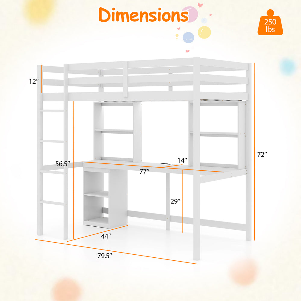 Twin loft bed in white with integrated desk, LED light, and storage, designed for stability and organization in.