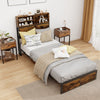 Twin size bed frame with storage headboard, rustic design, and under-bed storage for organized living space.