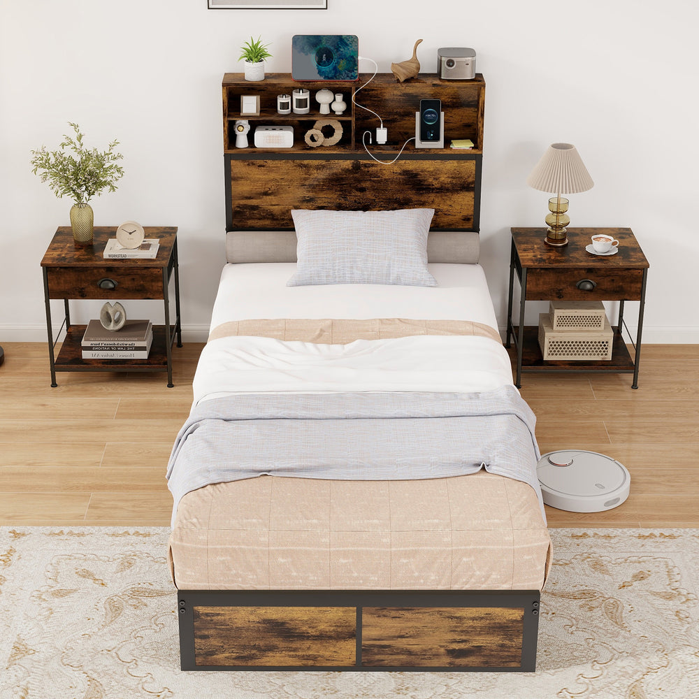 Twin size bed frame with storage headboard, rustic design, and power outlets for convenient device charging.