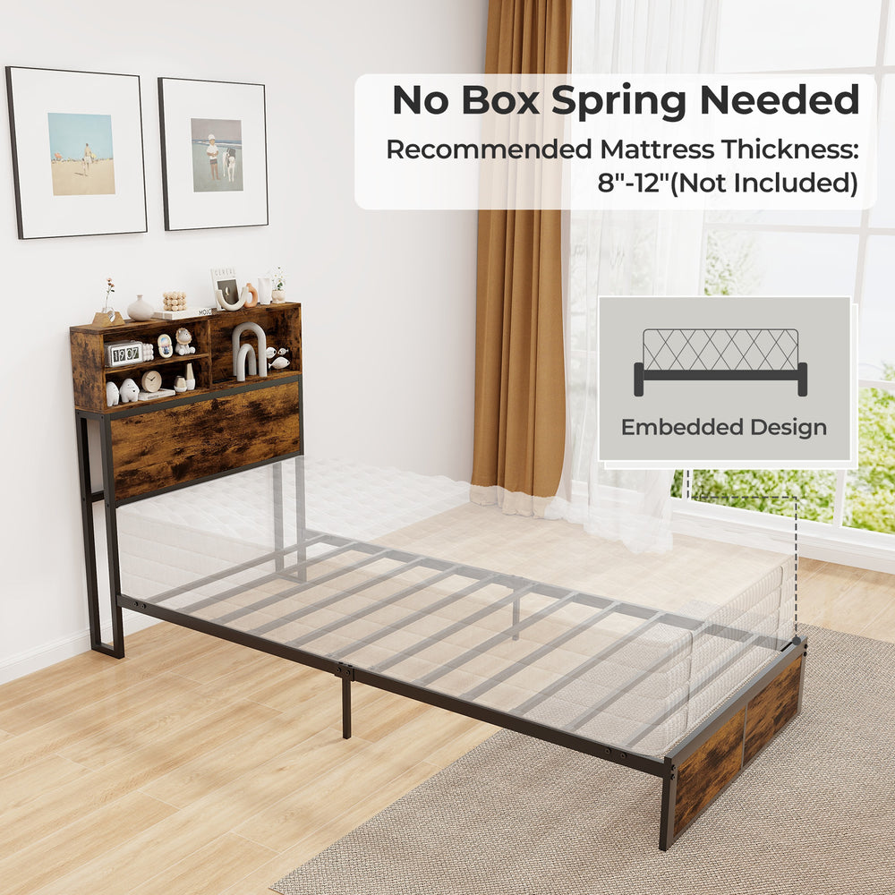 Twin size bed frame with storage headboard, featuring metal slats and under-bed storage for organized space utilization.