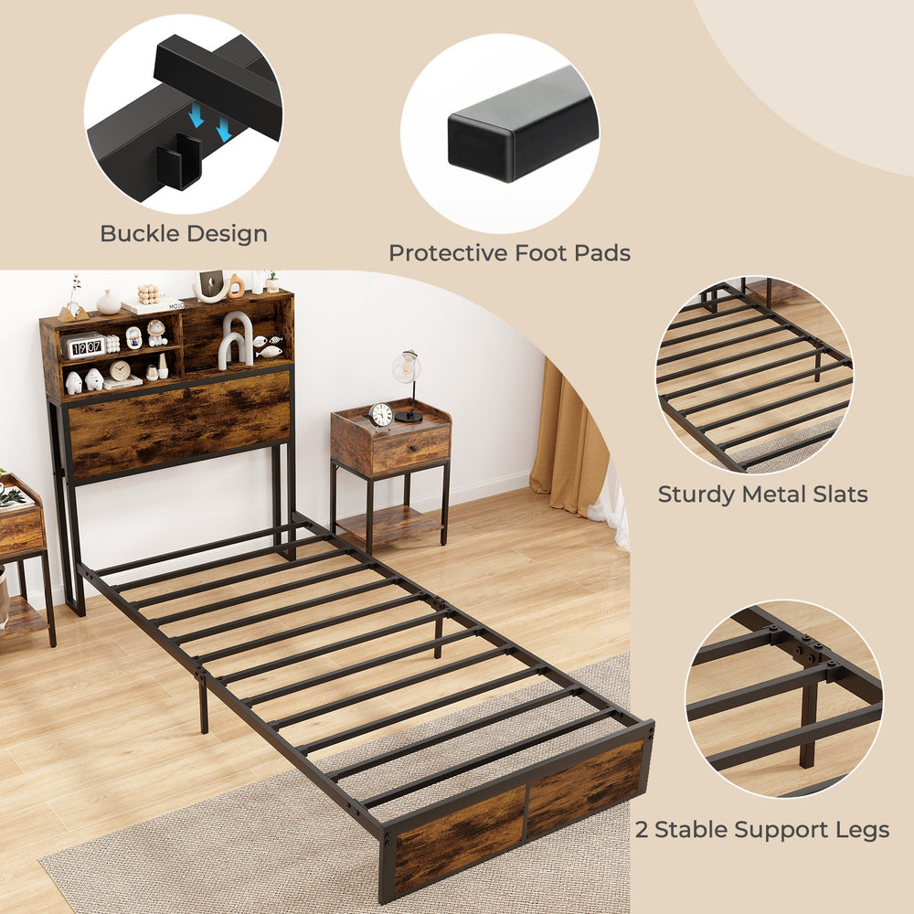 Twin size bed frame with storage headboard, sturdy metal slats, and protective foot pads for enhanced stability.