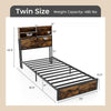 Twin size bed frame with rustic storage headboard, metal slats, and dimensions for optimal space utilization.