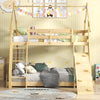Twin over queen wooden bunk bed with climbing net and ramp, featuring safety guardrails and low profile design for kids.