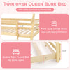 Twin over queen bunk bed with climbing net, safety guardrails, and sturdy wooden construction for kids' safe sleeping.
