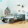 Car-shaped twin-size kids metal bed frame with safety guardrails, featuring playful wheels and headlights for.