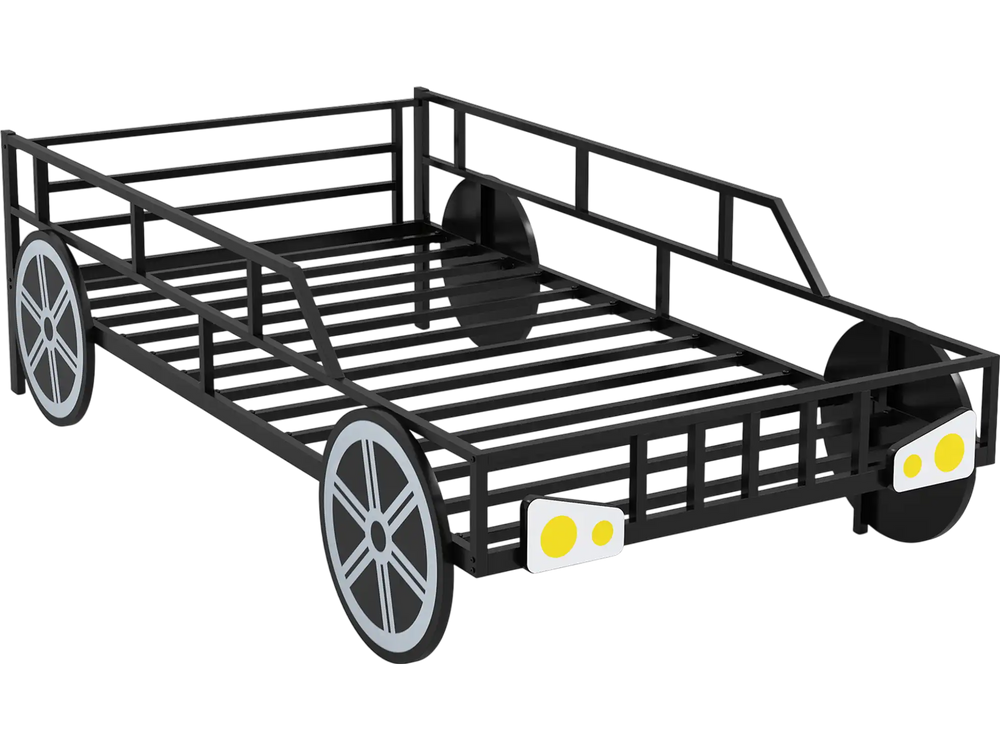 Car-shaped twin-size metal bed frame with safety guardrails and decorative wheels for imaginative kids' bedrooms.