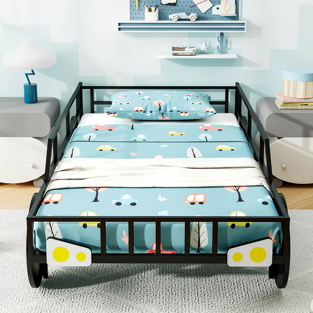 Twin-size kids metal bed frame in car shape with safety guardrails, featuring playful design and sturdy construction.