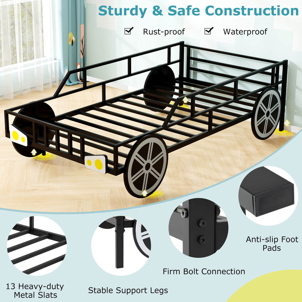 Car-shaped twin-size kids metal bed frame with safety guardrails, heavy-duty slats, and anti-slip foot pads for secure.