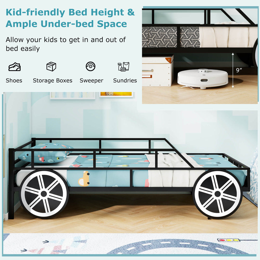 Twin-size car-shaped kids metal bed frame with safety guardrails and ample under-bed storage space for toys and shoes.
