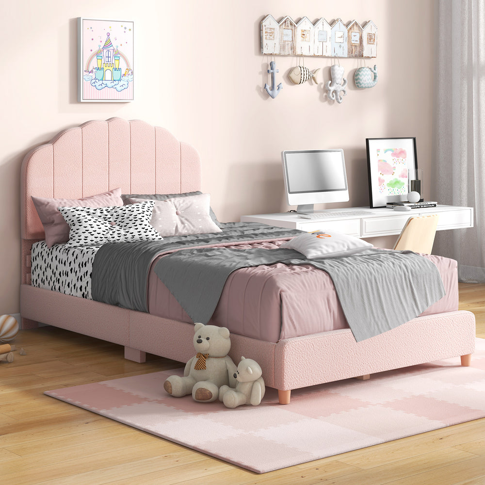 Twin Bed Frame with Height-Adjustable Headboard and Sturdy Wooden Slats-Pink - Gallery View 1 of 10