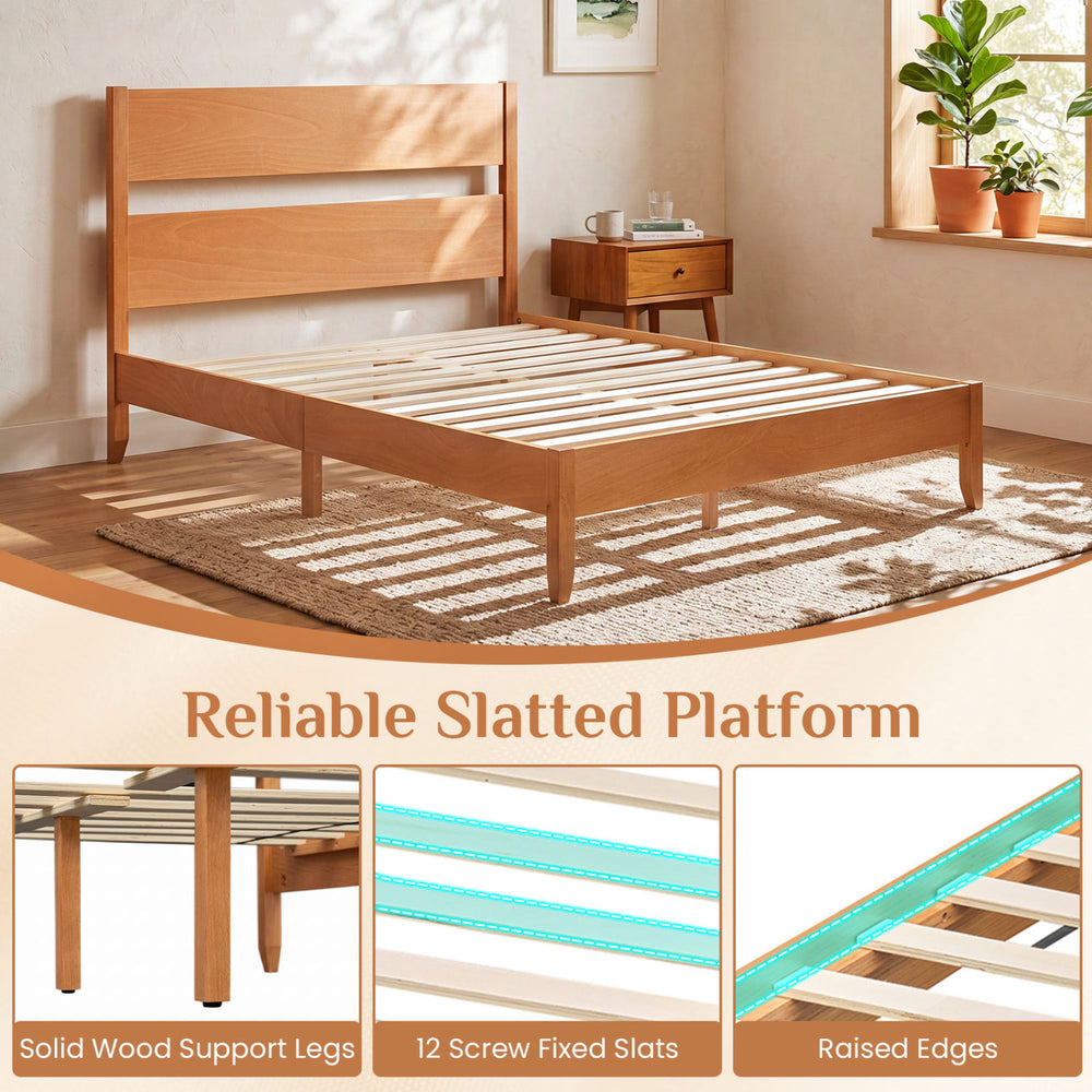 Full bed frame in warm brown with solid wood legs, 12 slats, and a classic headboard for modern rustic charm.