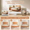 Color difference in the warm brown full bed frame with solid wood legs and headboard is shown under various lighting conditions.