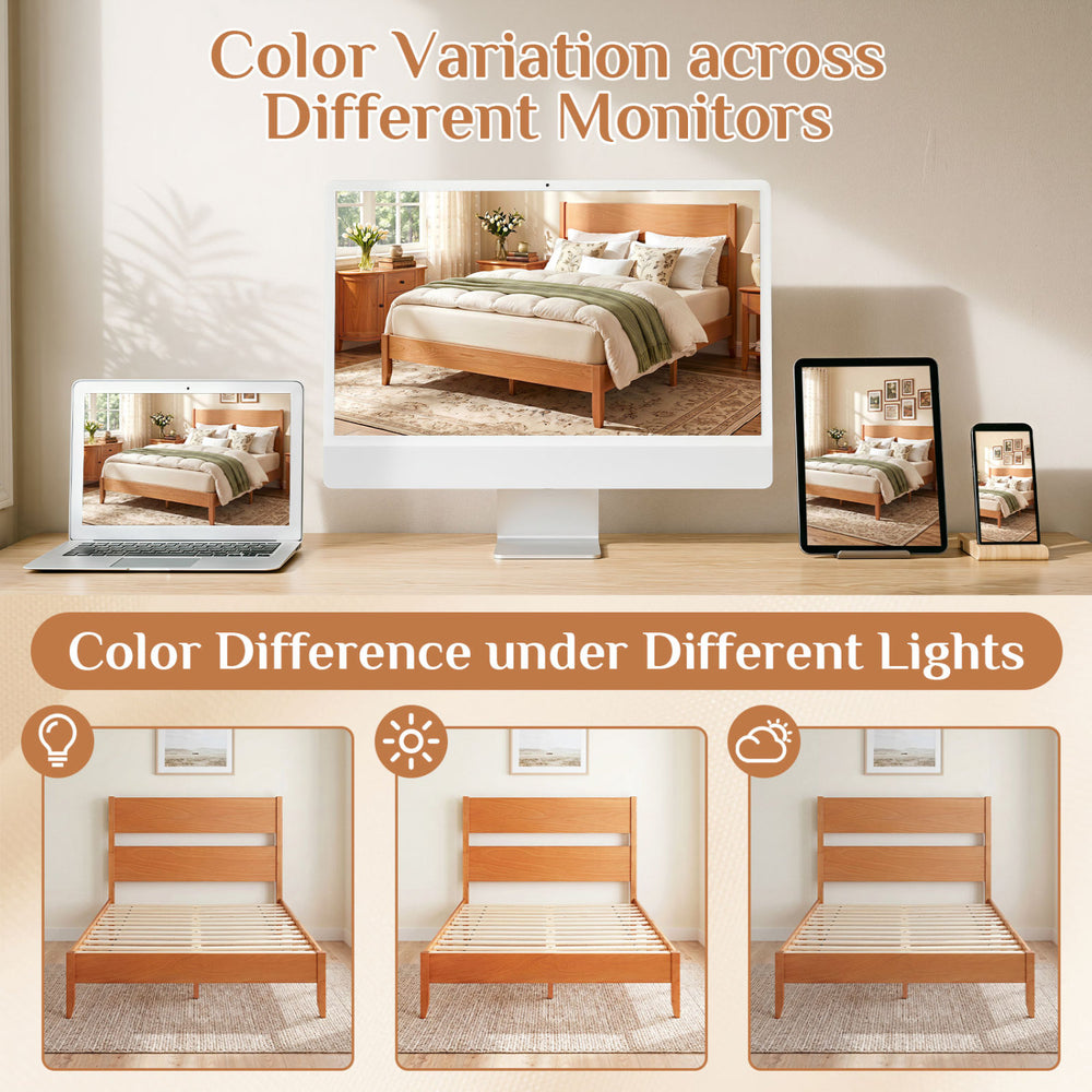 Color difference in the warm brown full bed frame with solid wood legs and headboard is shown under various lighting conditions.