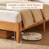 Full bed frame in warm brown with solid wood legs and ample under-bed space for easy floor cleaning.