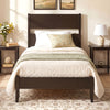 Twin bed frame with solid wood legs and headboard in warm brown, featuring 12 slats for mattress support and rustic charm.