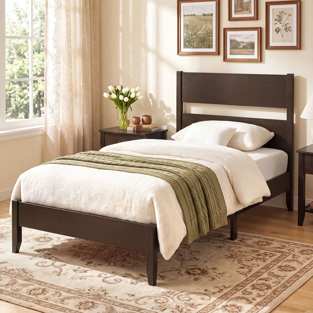 Twin bed frame in warm brown with a classic wooden headboard and solid wood legs, featuring 12 slats for mattress support.