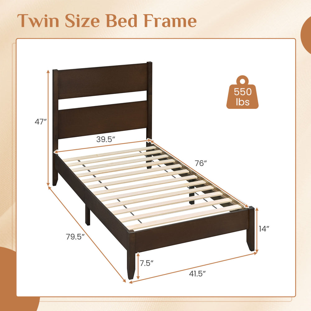 Twin bed frame in warm brown showcasing a solid wood headboard and 12 slats, offering durability and modern rustic style.