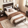 Twin bed frame in warm brown with solid wood legs and headboard, featuring 12 slats for mattress support and stability.