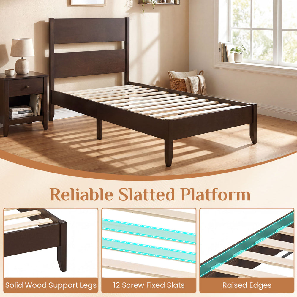 Twin bed frame in warm brown with solid wood legs, 12 slats, and a classic headboard for modern rustic charm.