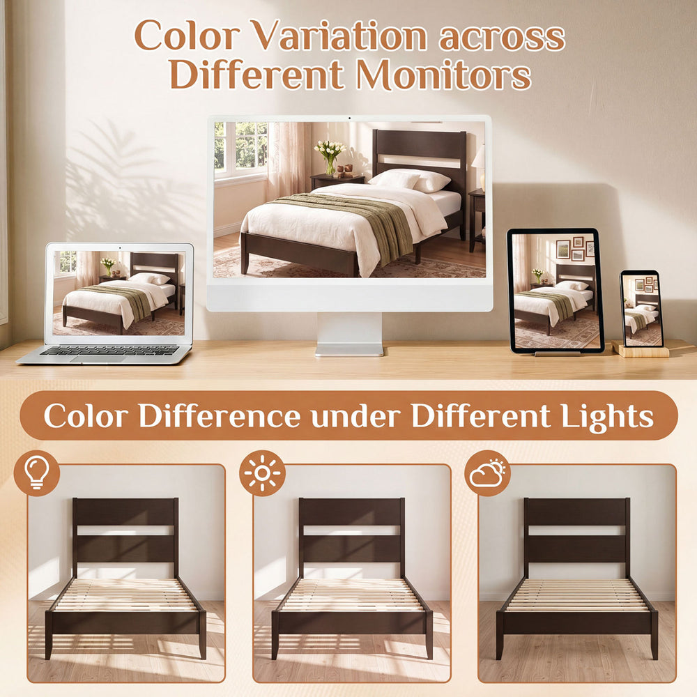 Twin bed frame in warm brown with solid wood legs and headboard, featuring 12 slats for reliable mattress support.