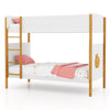 Detail view of the upper twin bed with safety guardrails and solid wood frame, offering secure sleeping for kids.