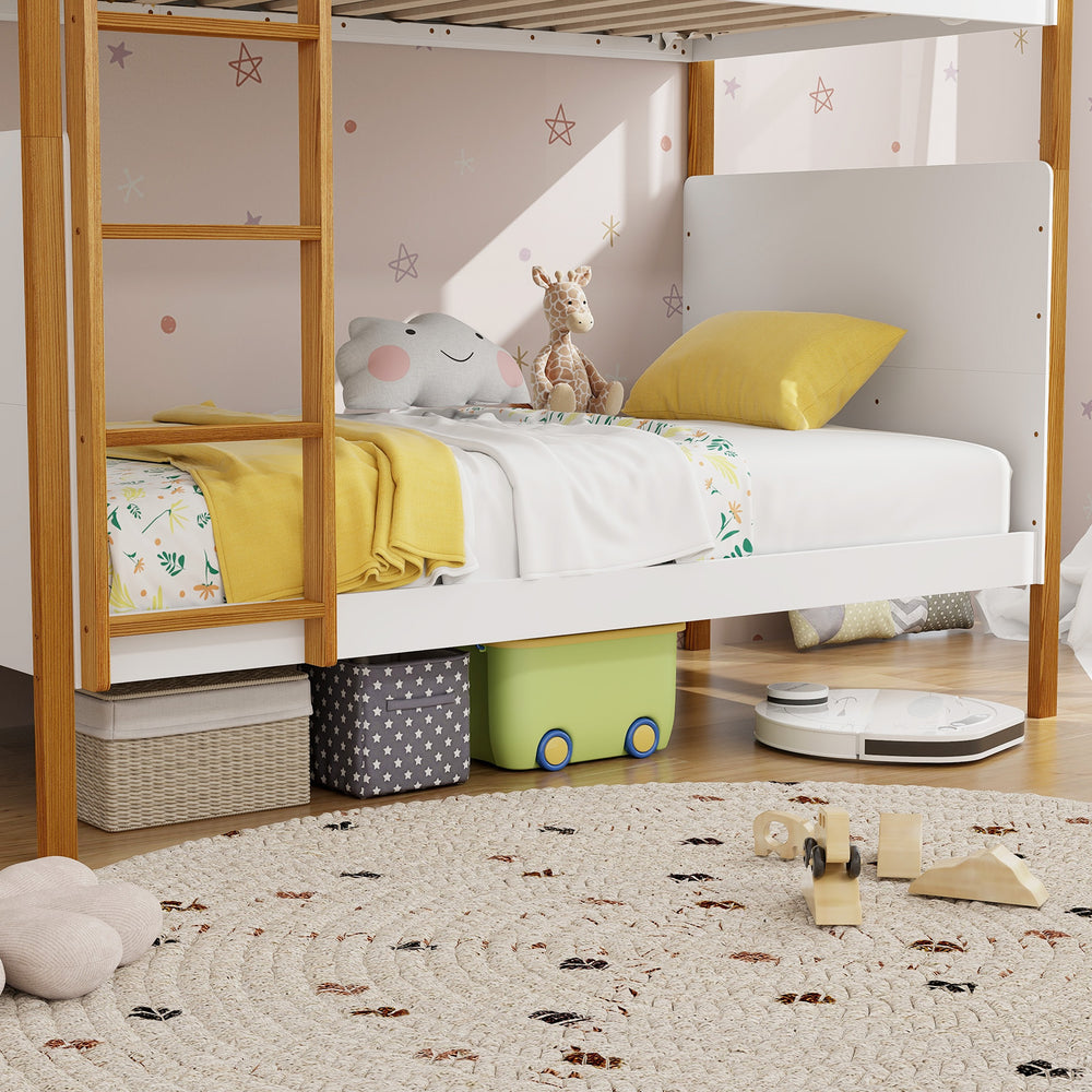 Twin over twin bunk bed with integrated ladder and safety guardrails, perfect for kids' rooms and maximizing space.