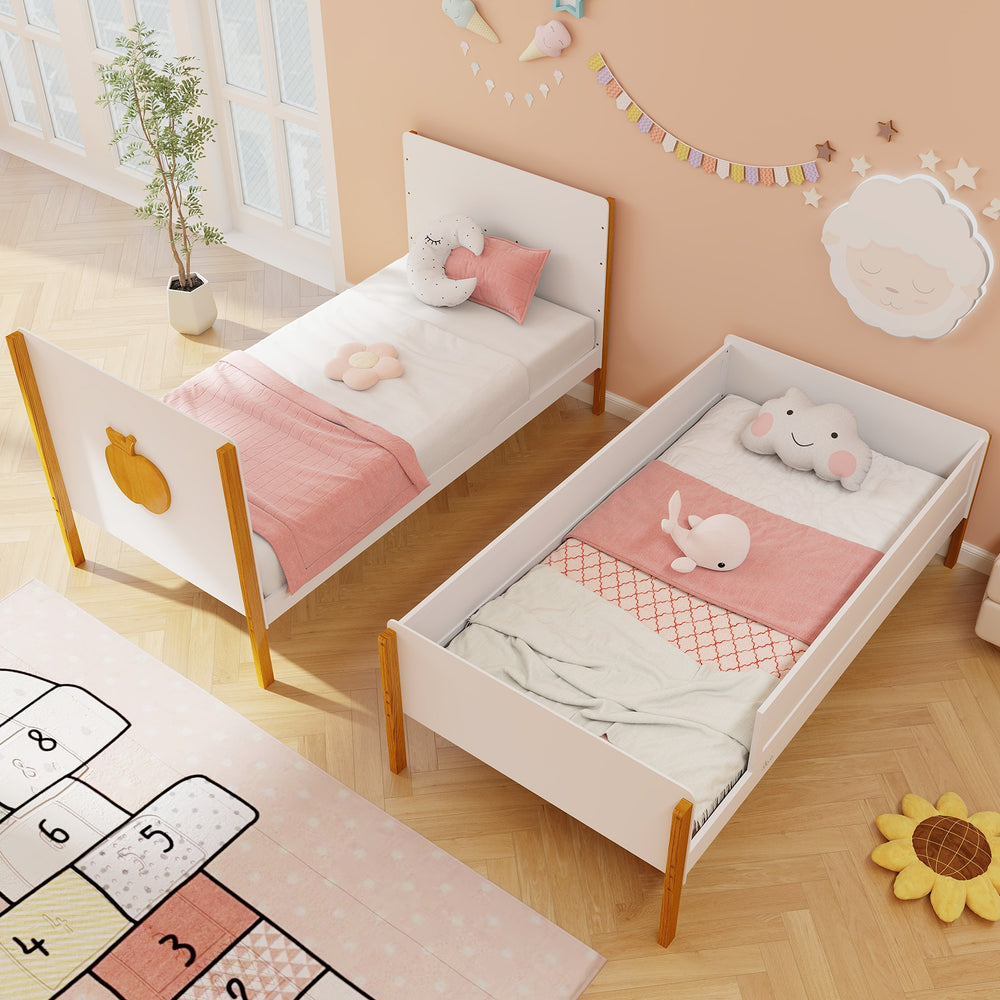 Twin over twin bunk bed featuring solid wood frame, safety guardrails, and integrated ladder, ideal for kids' rooms.