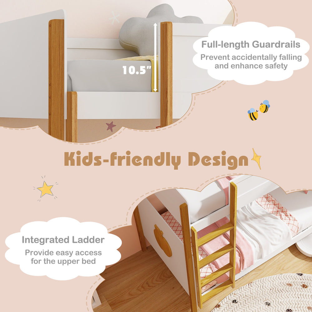 Twin over twin bunk bed featuring integrated ladder and safety guardrails, ideal for kids' rooms and maximizing space.