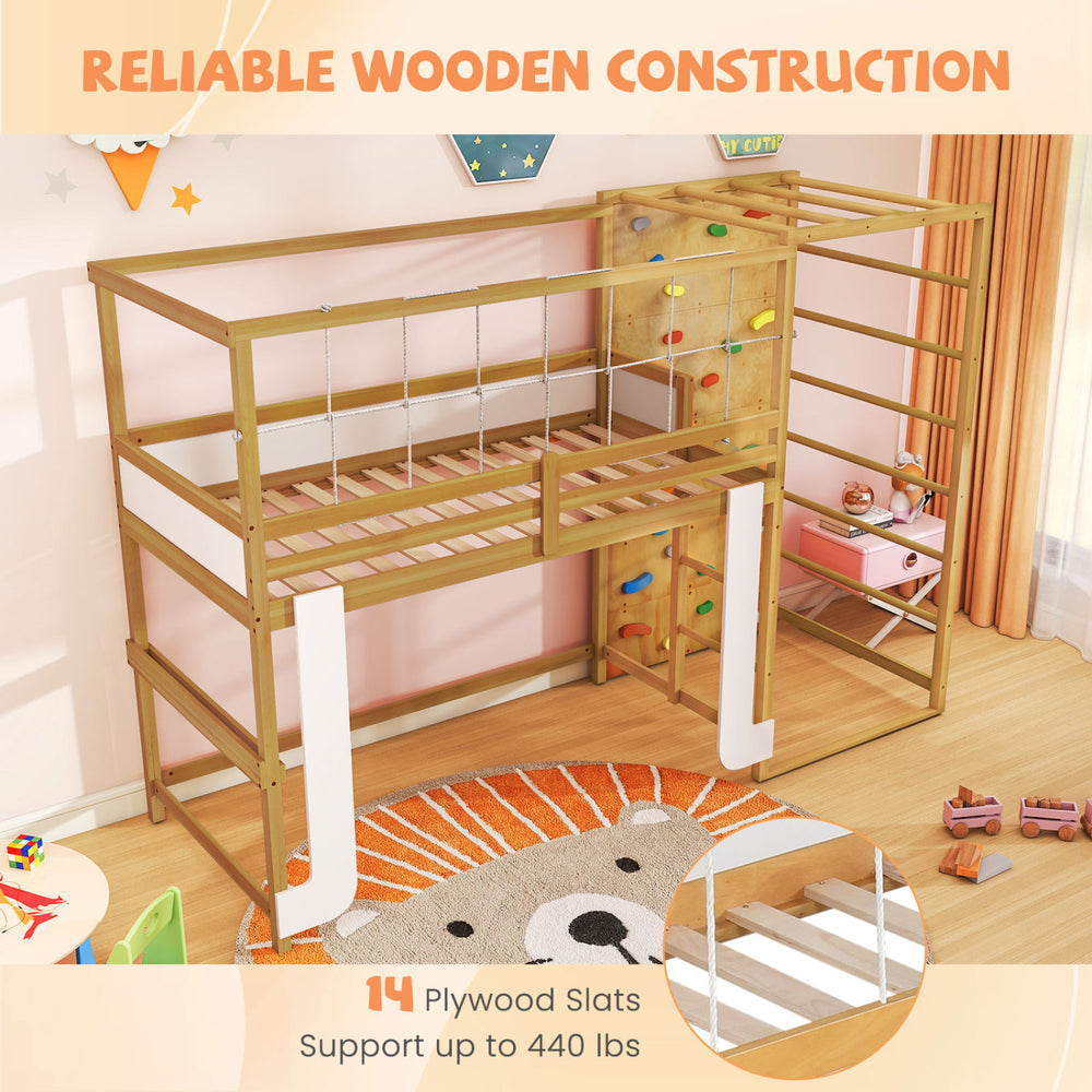 Twin bunk bed with jungle gym features a wooden loft design, climbing ladder, and supports up to 440 lbs for active play.
