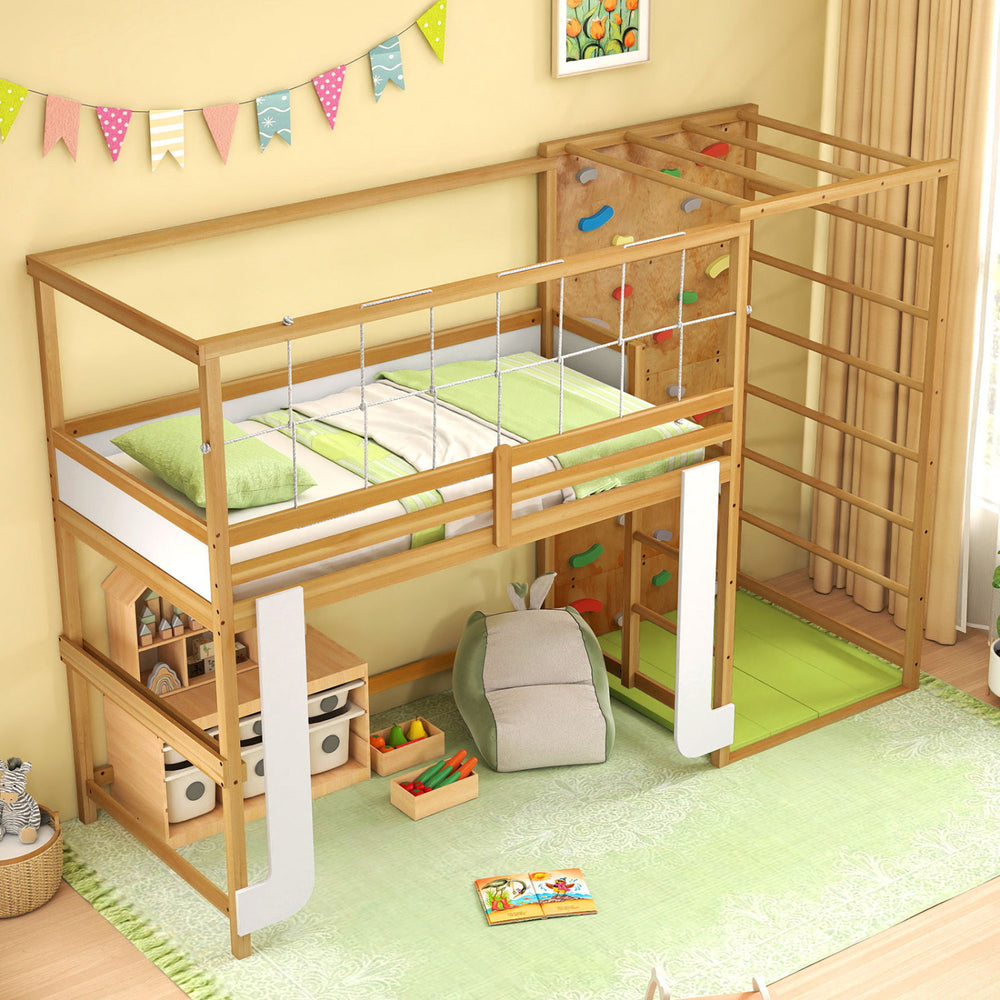 Wooden loft bed with climbing ladder and rock wall, designed for kids' play and sleep, supporting up to 440 lbs.