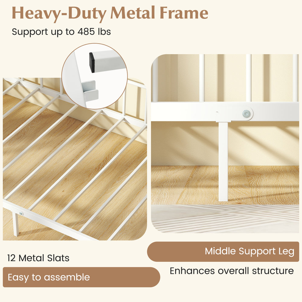 Twin size metal daybed frame in white with heavy-duty support, featuring 12 slats and a middle support leg for.