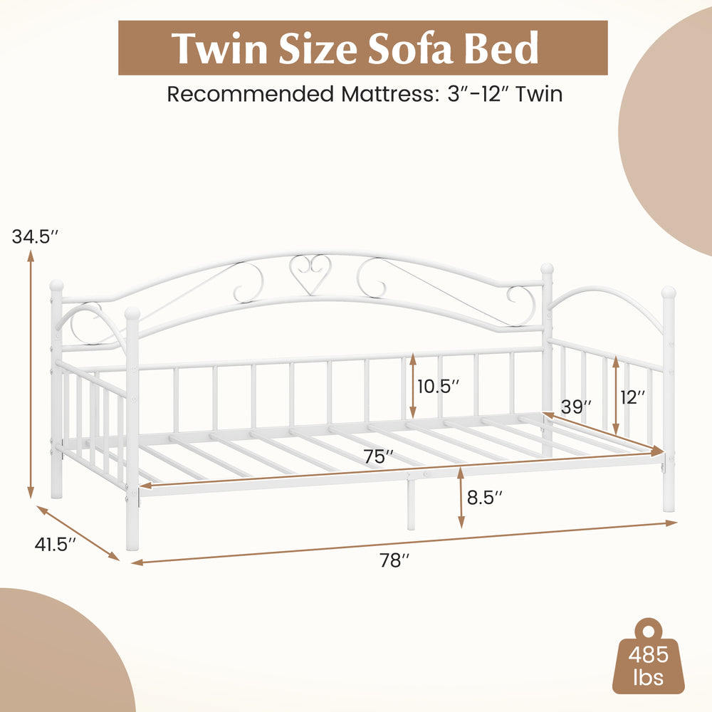 Twin size metal daybed frame in white with heart-shaped decoration, supporting up to 485 lbs, ideal for bedroom use.