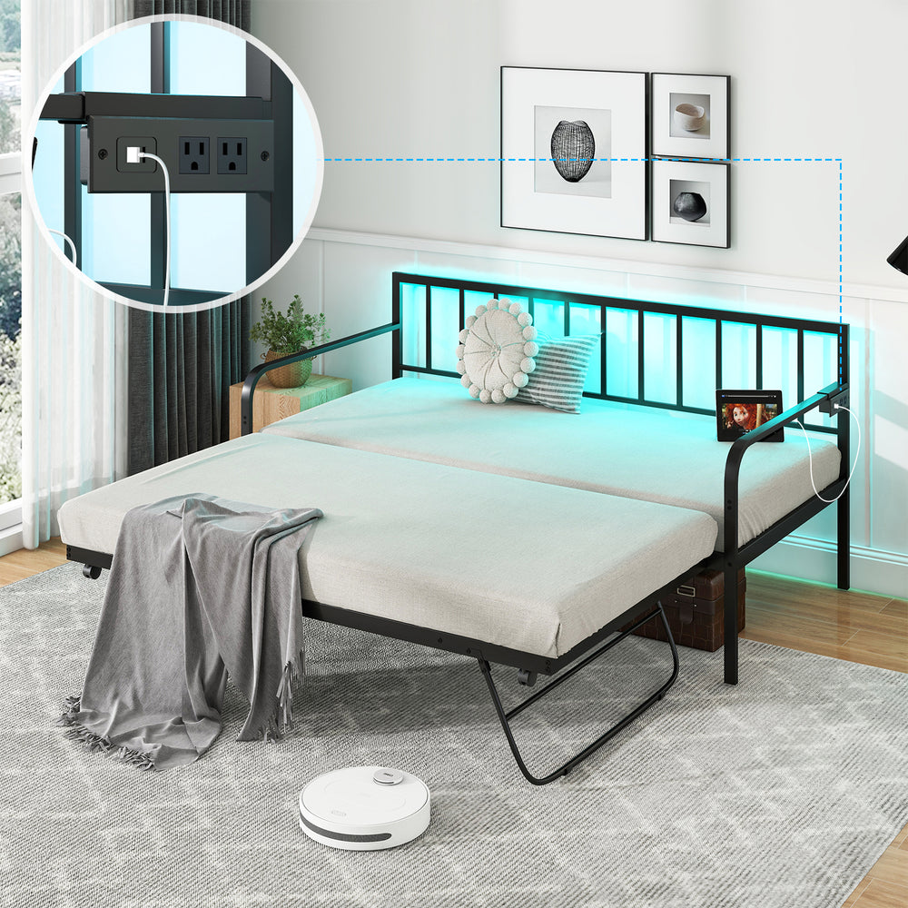 Twin daybed in black with charging station and LED lights, featuring a pop-up trundle for versatile sleeping.