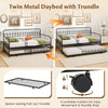 Twin metal daybed with curved backrest and armrests, featuring a pull-out trundle for space-saving sleeping solutions.