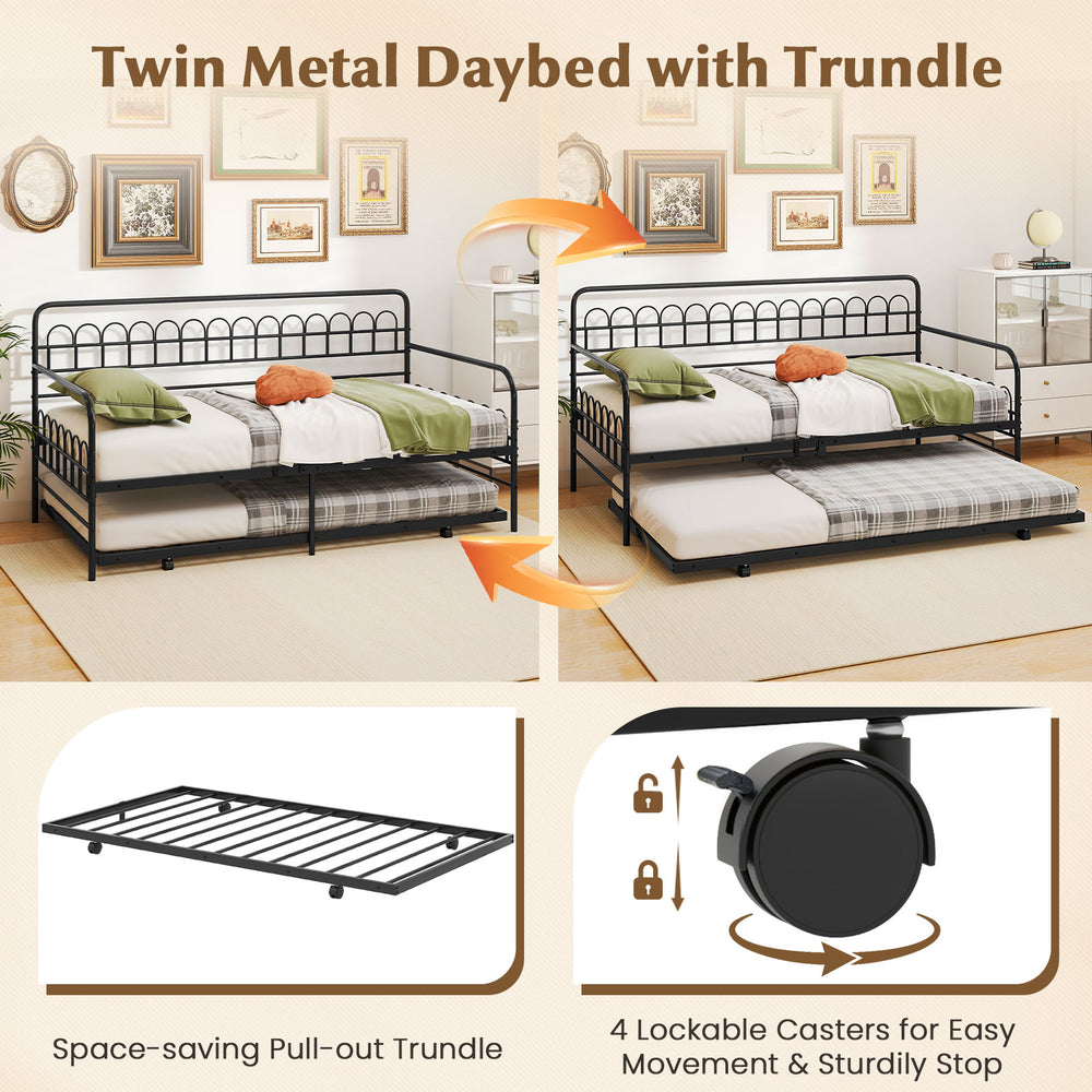 Twin metal daybed with curved backrest and armrests, featuring a pull-out trundle for space-saving sleeping solutions.